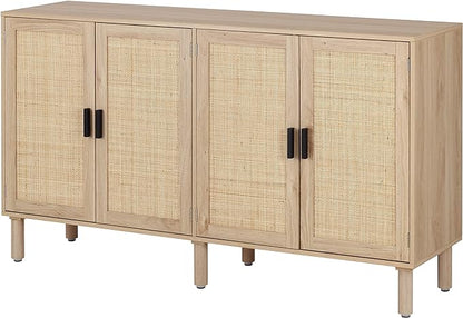 Finnhomy 4 Door Sideboard Buffet Cabinet, Kitchen Storage Cabinet with Rattan Decorated Doors, Cupboard Console Table, Boho Accent Liquor Cabinet, Bar Cabinet, 62.3X 15.7X 34.6 Inches, Natural - LeafyLoom