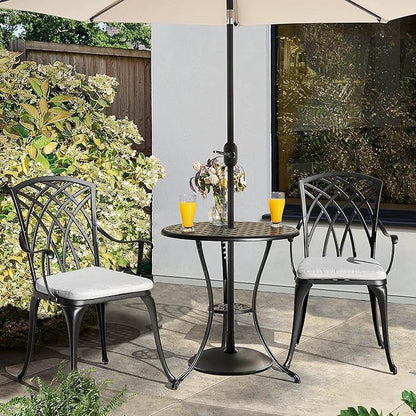 NUU GARDEN Bistro Set 3 Piece Outdoor Cast Aluminum Patio Bistro Set Patio Table and Chairs Set of 2 with Umbrella Hole and Gray Cushions, Black - LeafyLoom