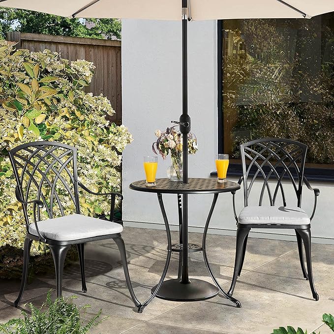 NUU GARDEN Bistro Set 3 Piece Outdoor All Weather Cast Aluminum Patio Bistro Set Patio Table and Chairs Set of 2 with Umbrella Hole and Grey Cushions for Backyard, Balcony, Lawn, Black - LeafyLoom