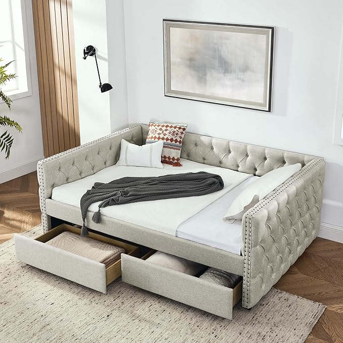 Full Size Upholstered Daybed, Pull Out with Two Storage Drawers, Solid Wood Frame Bed, Tufted Buttons and Copper Nails On Square Arms, for Bedrooms,Apartments - LeafyLoom