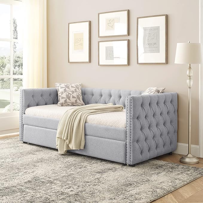 RITSU Modern Daybed with Casters, Upholstered Tufted Pull-Out Sofa Bed, Linen Solid Wood Structure, Square Arms w/Buttons and Copper Nails Accent, Suitable for Bedroom, Apartment, 85.00, Grey-2 - LeafyLoom