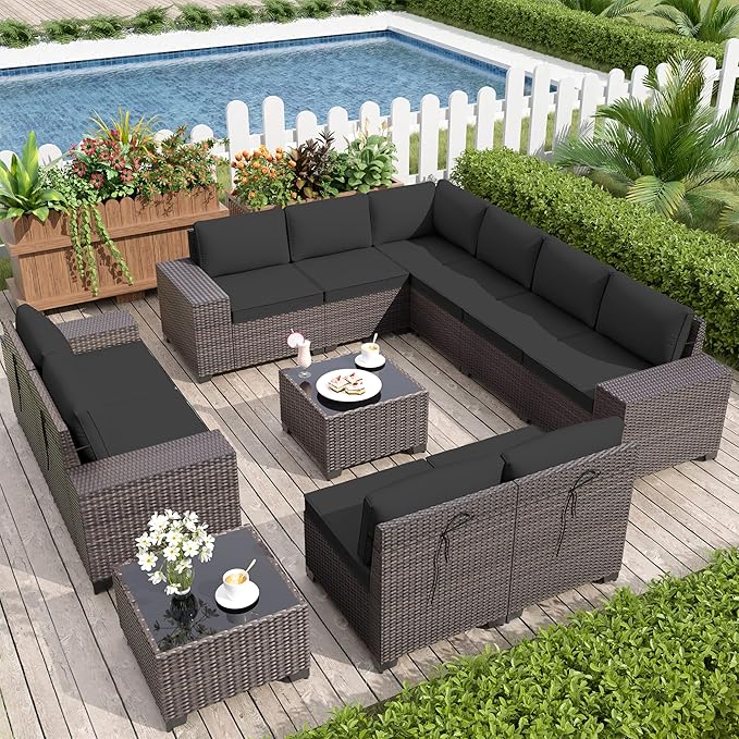 12PCS Patio Furniture Set Sofa Wicker Sectional Sofa Set, Outdoor Furniture Rattan Patio Conversation Set with Cushions and Glass Coffee Table, Black - LeafyLoom