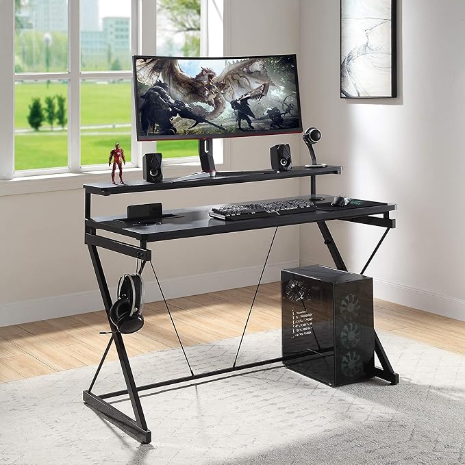 OSP Home Furnishings Emulator Battlestation Gaming Desk with RGB LED Lights, Black - LeafyLoom