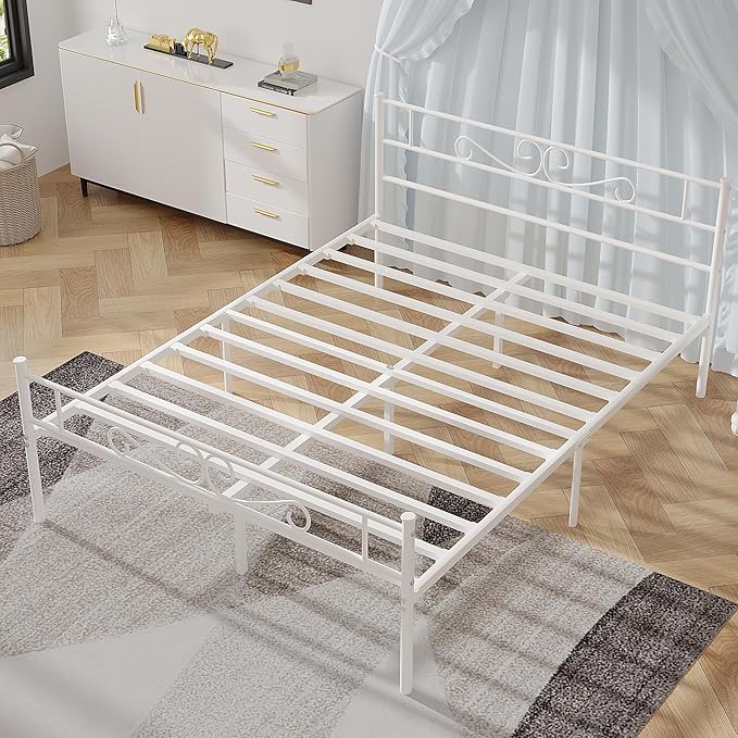 VECELO Full Size Bed Frame with Headboard, 14 Inch Metal Platform Mattress Foundation, No Boxing Spring Needed, Squeak Resistant, Easy Assembly, White - LeafyLoom