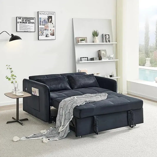 Velvet Tufted Convertible Pull Out Sofa Bed , 3 in 1 Multi-Functional Futon Lounge Chair Sleeper Couch Bed, Pullout Sofá with Adjustable Backrest and USB Ports for Living Room Small Space Apartment - LeafyLoom