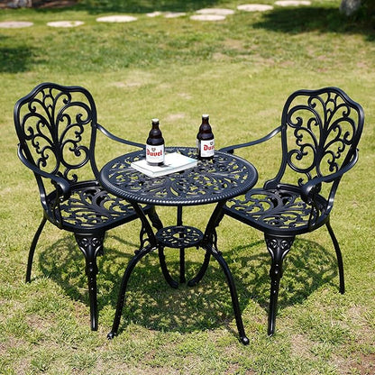 Bistro Table and Chairs Set of 2 Outdoor 3 Piece Bistro Sets Cast Aluminum Patio Bistro Set with Umbrella Hole, Patio Set for Garden, Black - LeafyLoom