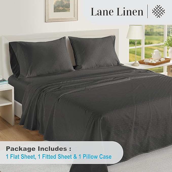 LANE LINEN 100% Egyptian Cotton Bed Sheets - 1000 Thread Count 3PC Twin XL Sheets Set, Bedding Sheets, Sateen Weave, Luxury Hotel Sheets, Fits Upto 16" Mattress, Swiss Dot - Charcoal - LeafyLoom