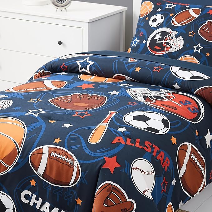 Sports Ball Games Twin Comforter Set with Sheets - 5 Pieces Kids Twin Bedding Sets for Boys, Glow in The Dark Baseball Basketball Football Soccer Twin Bed in a Bag for Kids, Teens - LeafyLoom