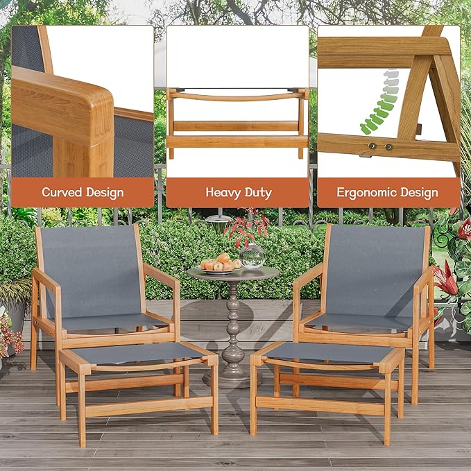 Greesum 4 Piece Furniture Outdoor Acacia Wood Chair with Ottoman for Porch, Balcony, Deck, Patio, Backyard, Gray - LeafyLoom