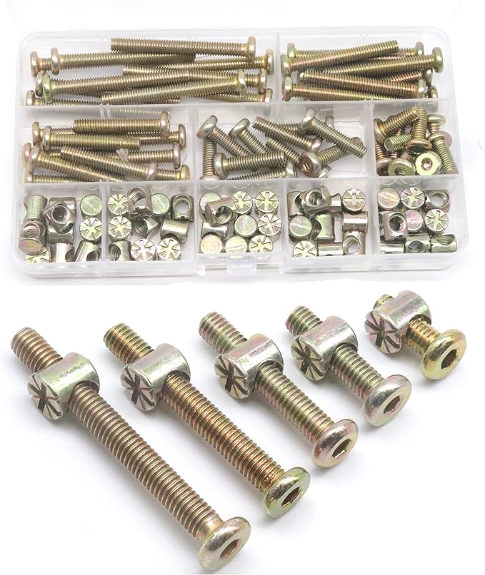 Baby Bed Screws Bolts Kit, cSeao M6 Hex Drive Socket Cap Bolts Barrel Nuts Assortment Kit, M6 x 15mm/ 25mm/ 35mm/ 45mm/ 55mm for Crib Cot Chairs, 100pcs Zinc Plated - LeafyLoom