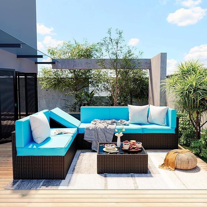 Pamapic Patio Furniture Set, 7 Pieces Modular Outdoor Sectional, Patio Sectional Sofa Conversation Set, Rattan Sofa with Coffee Table and Washable Cushions Covers, Black Rattan and Blue Cushions - LeafyLoom