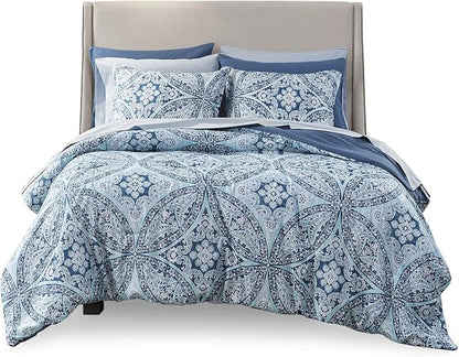 Comfort Spaces Bed in A Bag - Trendy Casual Design Cozy Comforter with Complete Sheet Set with Side Pocket, All Season Cover, Matching Shams, King(104"x90"), Gloria, Damask Blue 9 Piece - LeafyLoom