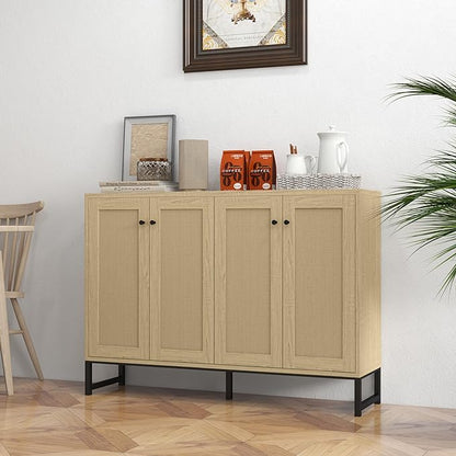 Panana Sideboard Accent Storage Cabinet with Rattan Decorated 4 Doors Dining Room Freestanding Kitchen Buffet Table Cupboard (Natural) - LeafyLoom