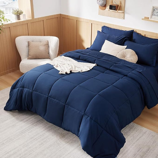 Bedsure Navy Bedding Sets Queen - 7 Pieces Solid Queen Bed in a Bag, Queen Bed Set Navy with Quilted Warm Fluffy Comforters, Sheets, Pillowcases & Shams - LeafyLoom