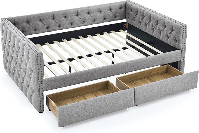 RITSU Full Size Upholstered Daybed, Pull Out with Two Storage Drawers, Solid Wood Frame Sofa Bed, Tufted Buttons and Copper Nails On Square Arms, for Bedrooms, Apartments, 82.75, Grey-2 - LeafyLoom