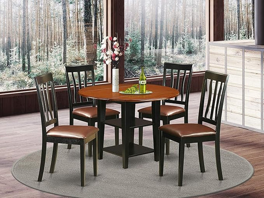 East West Furniture SUAN5-BCH-LC 5 Piece Kitchen Table Set Includes a Round Dining Room Table with Dropleaf & Shelves and 4 Faux Leather Upholstered Chairs, 42x42 Inch, Black & Cherry - LeafyLoom