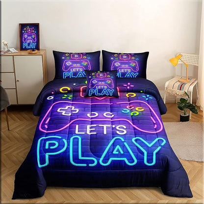 6 Pieces Gamer Bedding Set for Boys Gaming Comforter Queen Size, Game Controller Comforter for Teen 3D Gamepad Microfiber 6 Piece Bed in A Bag Kids Bedding Sets with Sheets,DJT H5030 Queen - LeafyLoom