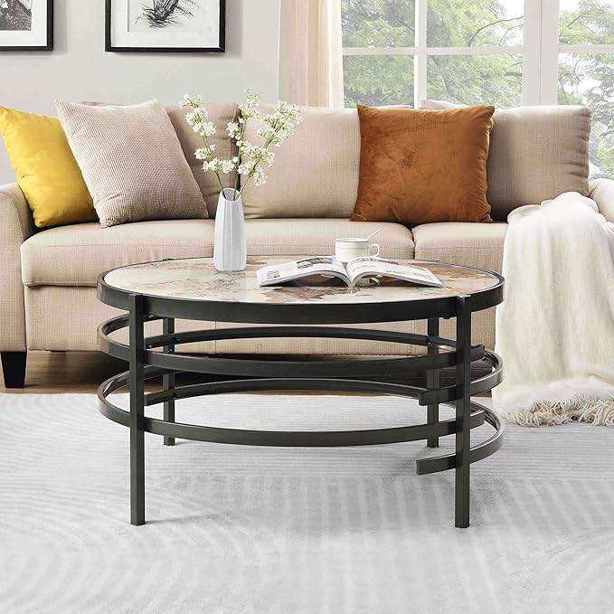 Round Coffee Table Coffee Tables for Living Room Sintered Stone Marble Top Sturdy Metal Frame (Grey, 31.50 inches) - LeafyLoom