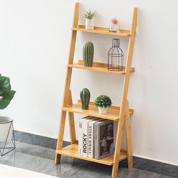 DOUSY- 4-Tier Bamboo Ladder Shelf Ladder Bookshelf Plant & Flower Stand Bookcase, Freestanding Storage Rack Organizer Display Shelf for Living Room, Home Office, Bedroom, Balcony, Natural Wood - LeafyLoom