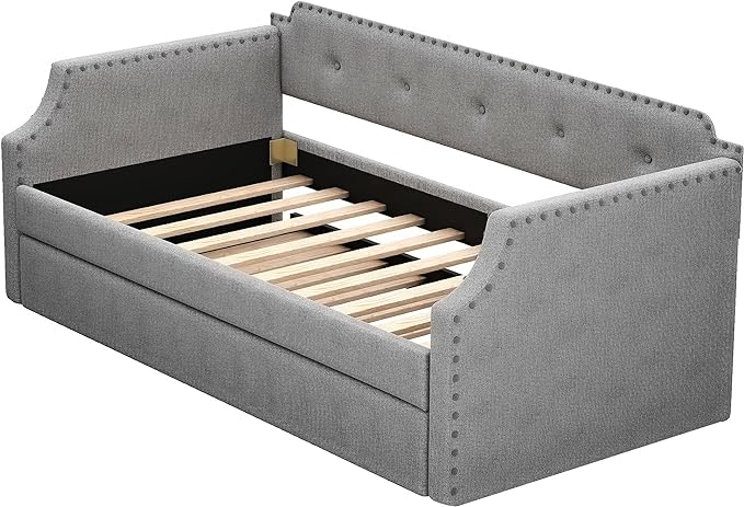 Twin Size Upholstered Daybed with Trundle, Sofa Bed Wood DayBed Frame, No Box Spring Needed, Gray - LeafyLoom