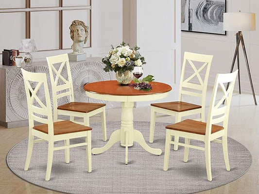 East West Furniture ANQU5-WHI-W 5 Piece Dinette Set for 4 Includes a Round Kitchen Table with Pedestal and 4 Dining Chairs, 36x36 Inch - LeafyLoom