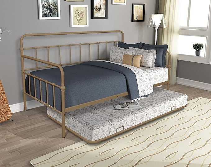 Twin Size Bed W/Slats,Metal Frame Daybed with Trundle & Anti-Noise Design,Space-Saving,Easy to Install,for Living Room Bedroom Apartment,Bronze - LeafyLoom