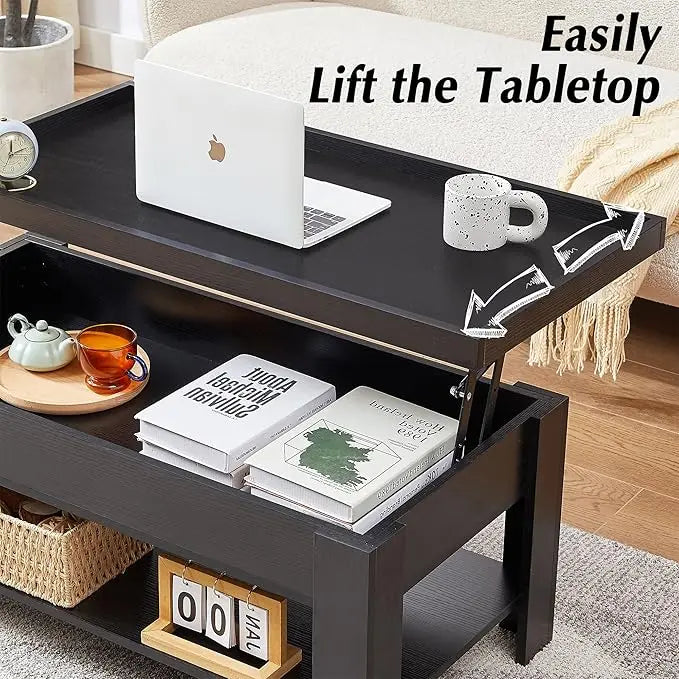 VECELO Lift Top Coffee Table with Storage Shelf and Hidden Compartment for Living Room/Office Reception, Black - LeafyLoom