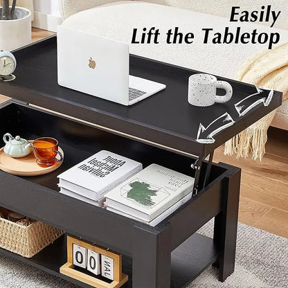 VECELO Lift Top Coffee Table with Storage Shelf and Hidden Compartment for Living Room/Office Reception, Dark Black - LeafyLoom