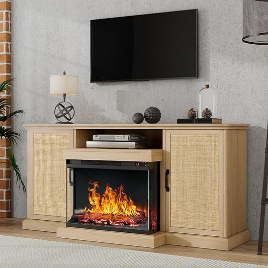 3-Side Glass Fireplace TV Stand for TVs up to 65'', Electric Fireplace TV Stand with Rattan Cabinet, Entertainment Center with Fireplace, Boho, Natural - LeafyLoom