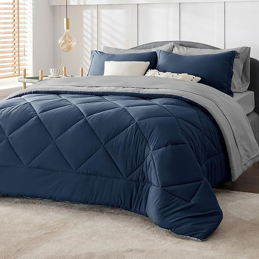 Bedsure Navy Full Size Bed in a Bag - 7 Pieces Reversible Comforter Set Full Bed Set with Comforters, Sheets, Pillowcases & Shams, Full Bedding Sets - LeafyLoom