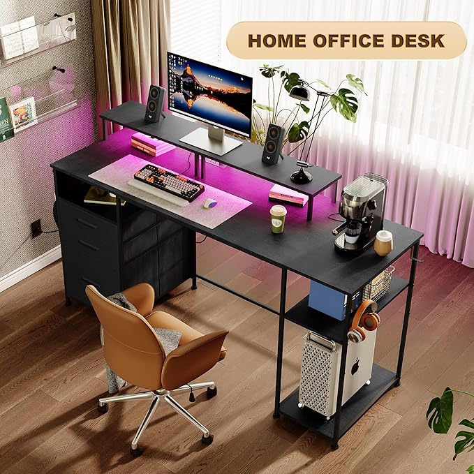 Computer Desk with 3 File Cabinet Drawers, 57.8'' Reversible Gaming Desk with LED Lights and Power Outlets, Office Desk with Storage Shelves and Dual Monitor Stand for Home & Office (Black) - LeafyLoom