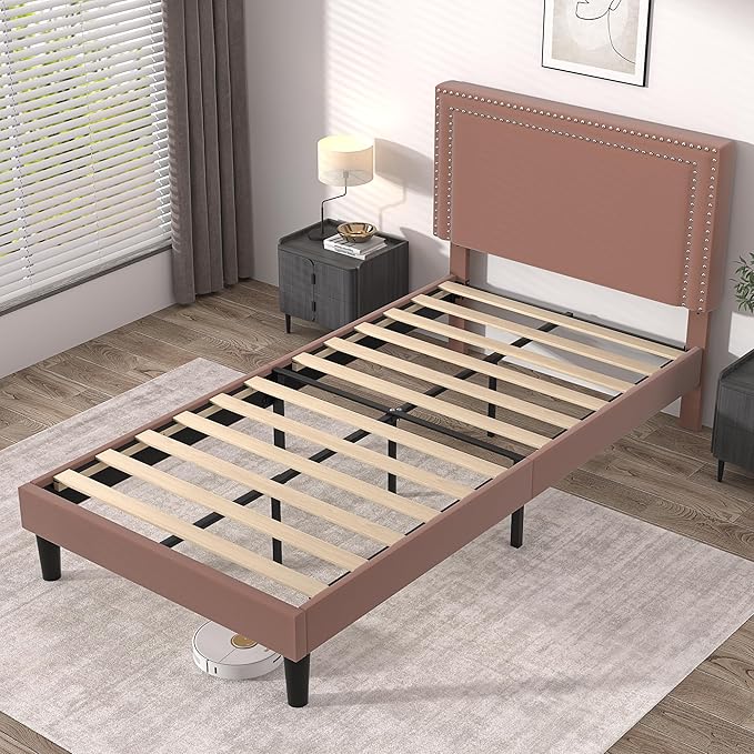 VECELO Twin Size Platform Bed Frame with Adjustable Upholstered Headboard, Modern Mattress Foundation, Strong Wood Slat Support, No Box Spring Needed, Easy Assembly - LeafyLoom