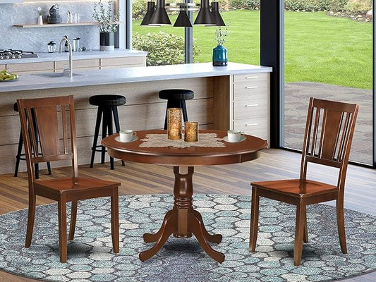 East West Furniture HLDU3-MAH-W 3 Piece Dining Set Contains a Round Dining Room Table with Pedestal and 2 Kitchen Chairs, 42x42 Inch, Mahogany - LeafyLoom