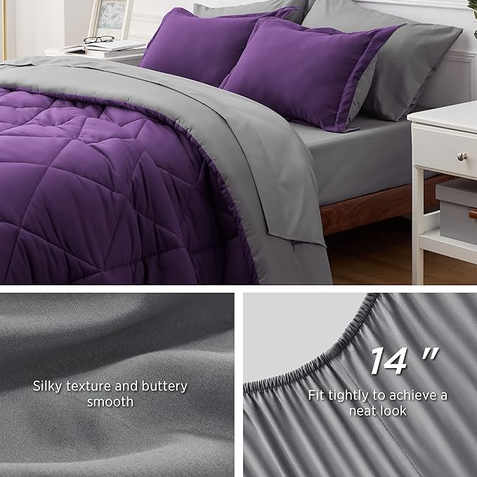 Bedsure Purple King Comforter Set - 7 Pieces Reversible Bed Set Bed in a Bag King with Comforters, Sheets, Pillowcases & Shams, King Bedding Sets - LeafyLoom