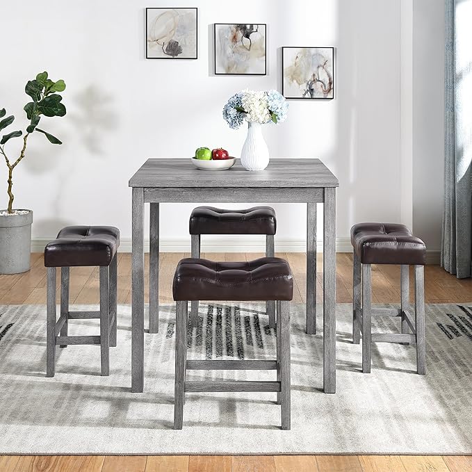 5 Piece Square, Industrial Breakfast Table + 4 Upholstered Stools, Bistro Dining Set, for Living, Small Apartment, Farmhouse, Game Room, Brown+Light Gray - LeafyLoom