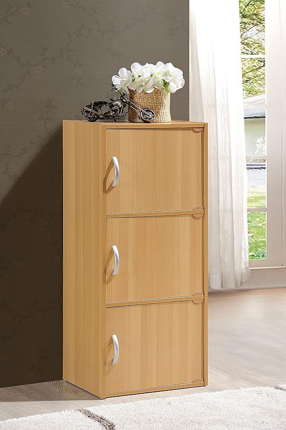 HODEDAH 3 Door Bookcase Cabinet, Beech - LeafyLoom