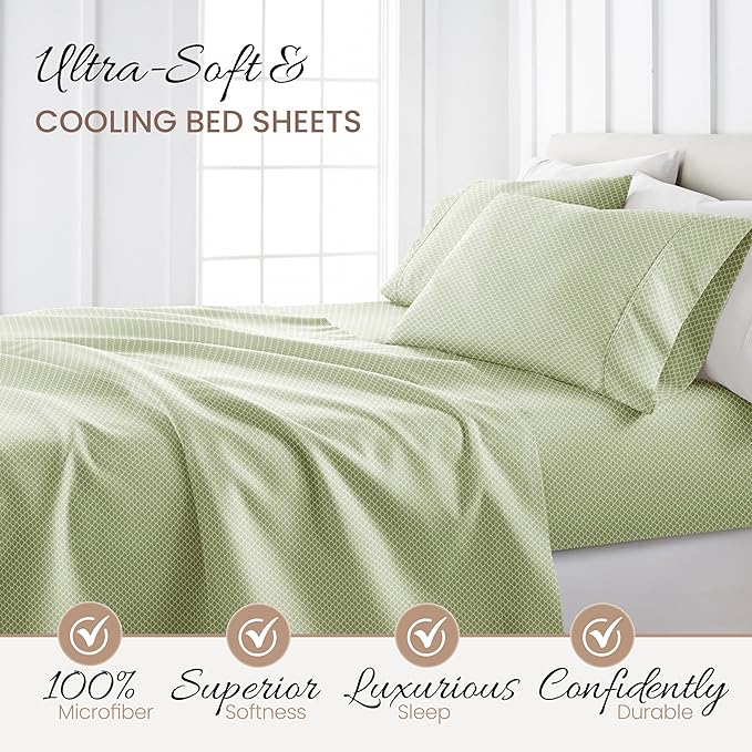 4 Piece Queen Bedding Sheet Set (Sage Scallops) - Sleep Better Than Ever with These Ultra-Soft & Cooling Bed Sheets for Your Queen Size Bed - Deep Pocket Fits 16" Mattress - LeafyLoom