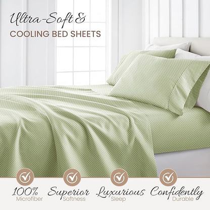 4 Piece Queen Bedding Sheet Set (Sage Scallops) - Sleep Better Than Ever with These Ultra-Soft & Cooling Bed Sheets for Your Queen Size Bed - Deep Pocket Fits 16" Mattress - LeafyLoom