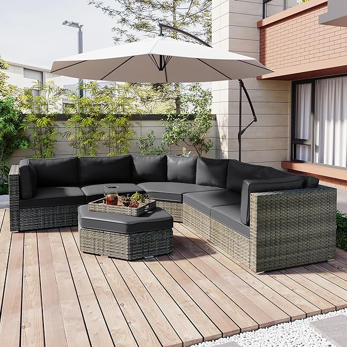 Patio 7-Piece Set, Half-Moon Curved Sectional Sofa Outdoor Rattan Furniture with Ottoman and No-Slip Cushions for Balcony, Porch, Garden, Zc-Grey - LeafyLoom