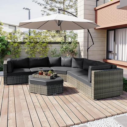 Patio 7-Piece Set, Half-Moon Curved Sectional Sofa Outdoor Rattan Furniture with Ottoman and No-Slip Cushions for Balcony, Porch, Garden, Zc-Grey - LeafyLoom