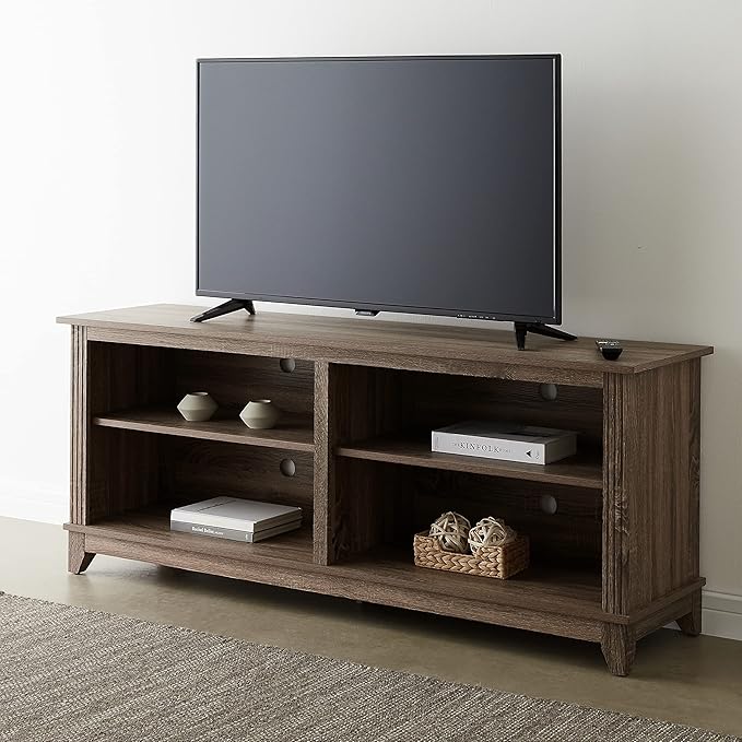 ROCKPOINT 58inch TV Stand Media Console for TV’s up to 65 Inches, Home Living Room Storage Console, Entertainment Center with 4 Open Storage Shelves, Modern TV Console Table (Brown) - LeafyLoom