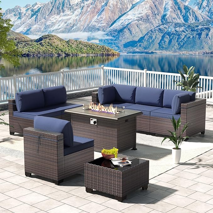 Kullavik 8 Pieces Outdoor Patio Furniture Set with 43" 55000BTU Gas Propane Fire Pit Table PE Wicker Rattan Sectional Sofa Patio Conversation Sets,Dark Blue - LeafyLoom