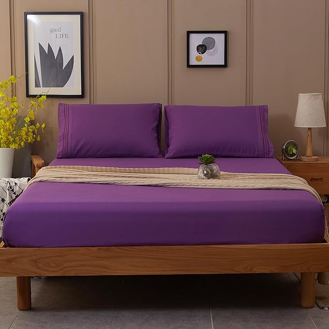 SONORO KATE Sheets Super Soft Microfiber 1800 Thread Count 18 Inch Deep Pocket 4 Piece Queen Size Purple - LeafyLoom