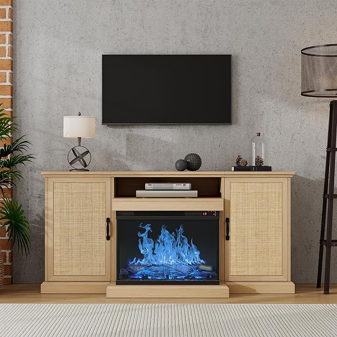 3-Side Glass Fireplace TV Stand for TVs up to 65'', Electric Fireplace TV Stand with Rattan Cabinet, Entertainment Center with Fireplace, Boho, Natural - LeafyLoom