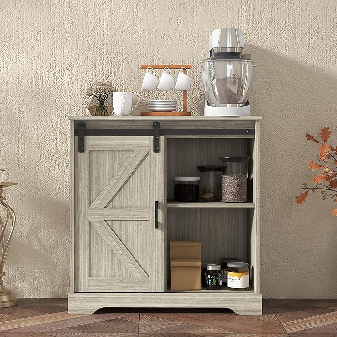 Panana Sliding Barn Door Buffet Sideboard Storage Cabinet Coffee Bar Kitchen Farmhouse Style (Oak) - LeafyLoom