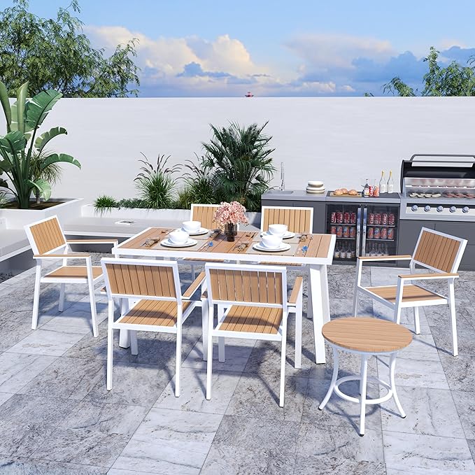 Pamapic 8-Piece Patio Dining Set，Outdoor Aluminum Furniture Set with Plastic-Wood Table Top,Outdoor Furniture Set with 6 Outdoor Stackable Chairs for Patio Garden Poolside (White) - LeafyLoom