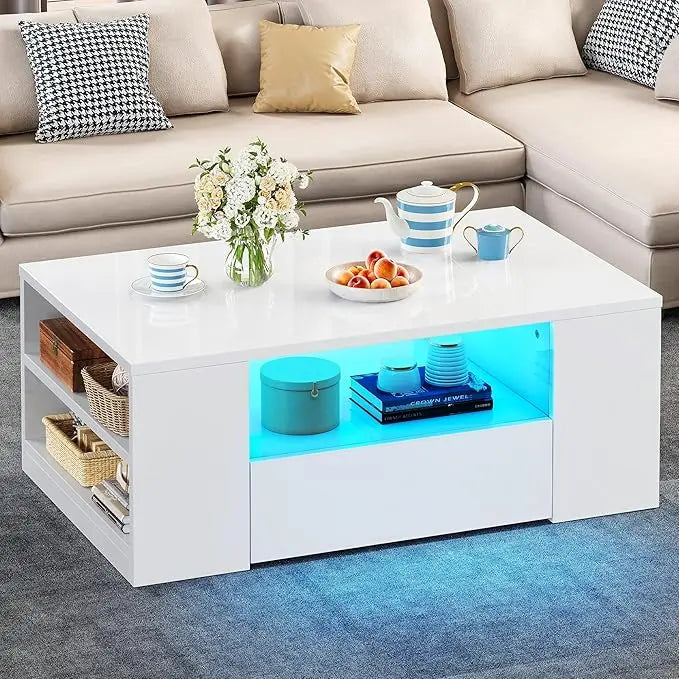 YITAHOME Modern Coffee Tables for Living Room, High Gloss LED Coffee Table, Storage Coffee Table, Small Coffee Table, Wood Center Table with 2 Sliding Drawers and Open Side Shelf,White - LeafyLoom