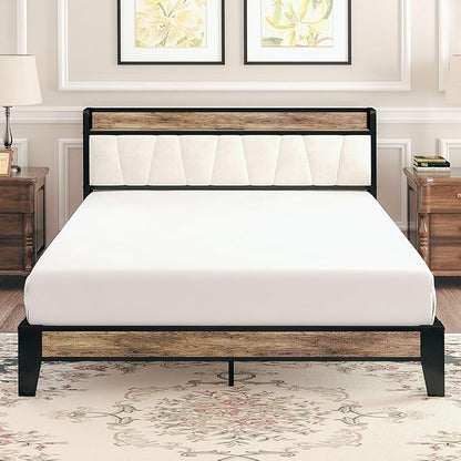 LIKIMIO Full Size Bed Frame, Storage Headboard with Charging Station, Solid and Stable, Noise Free, No Box Spring Needed, Easy Assembly (Walnut and Beige) - LeafyLoom