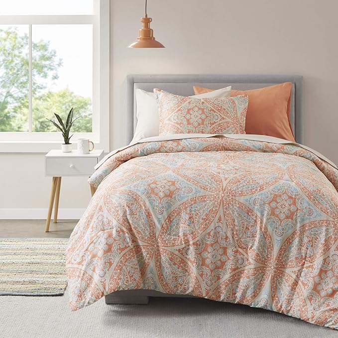 Comfort Spaces Bed in A Bag - Trendy Casual Design Cozy Comforter with Complete Sheet Set with Side Pocket, All Season Cover, Matching Shams, Twin(66"x90"), Gloria, Damask Coral 6 Piece - LeafyLoom