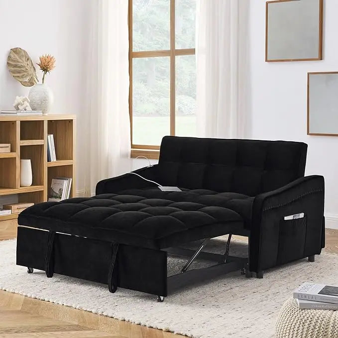 Tufted Convertible Futon Loveseat Pull Out Couch Bed 3 in 1 Velvet Upholstered Sleeper Sofa Recliner Love Seat Lounge Chaise Daybed with Adjustable Backrest Type C and USB Charging for Living Room - LeafyLoom